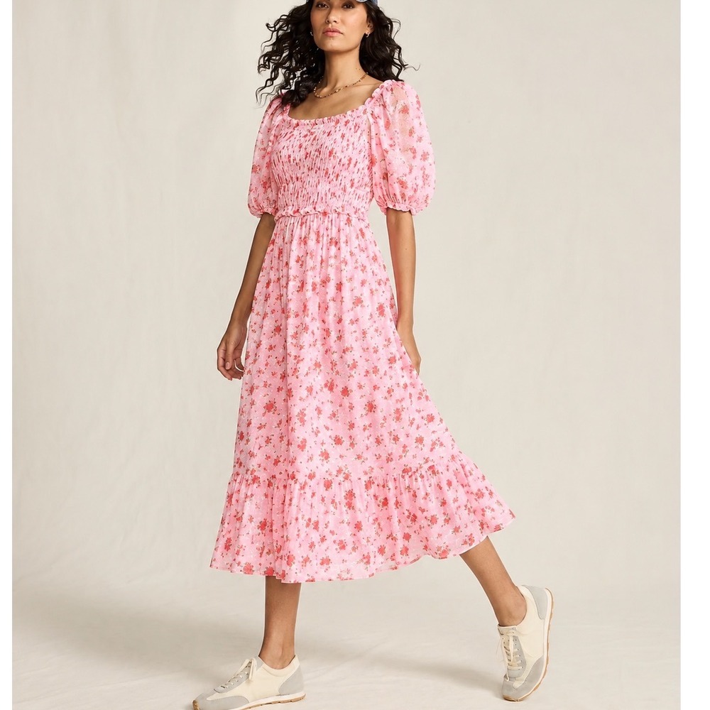 Miss Selfridge Pink Floral Smocked Puff Sleeve Cottagecore Midi Dress Sz 14